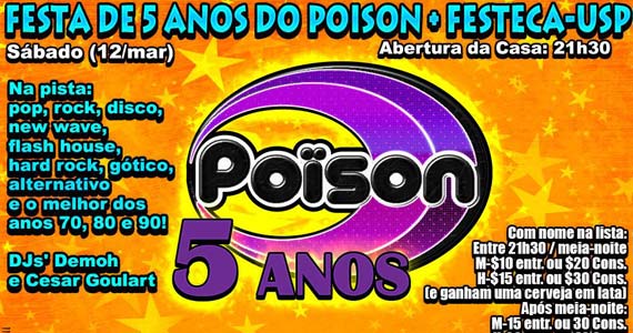 Festa de 5 anos do Poison Bar e Balada com DJs Demoh e Cesar Goulart no sábado Eventos BaresSP 570x300 imagem